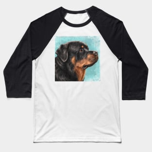 Painting of an Adorable Rottweiler from the Side, Light Blue Spattered Background Baseball T-Shirt